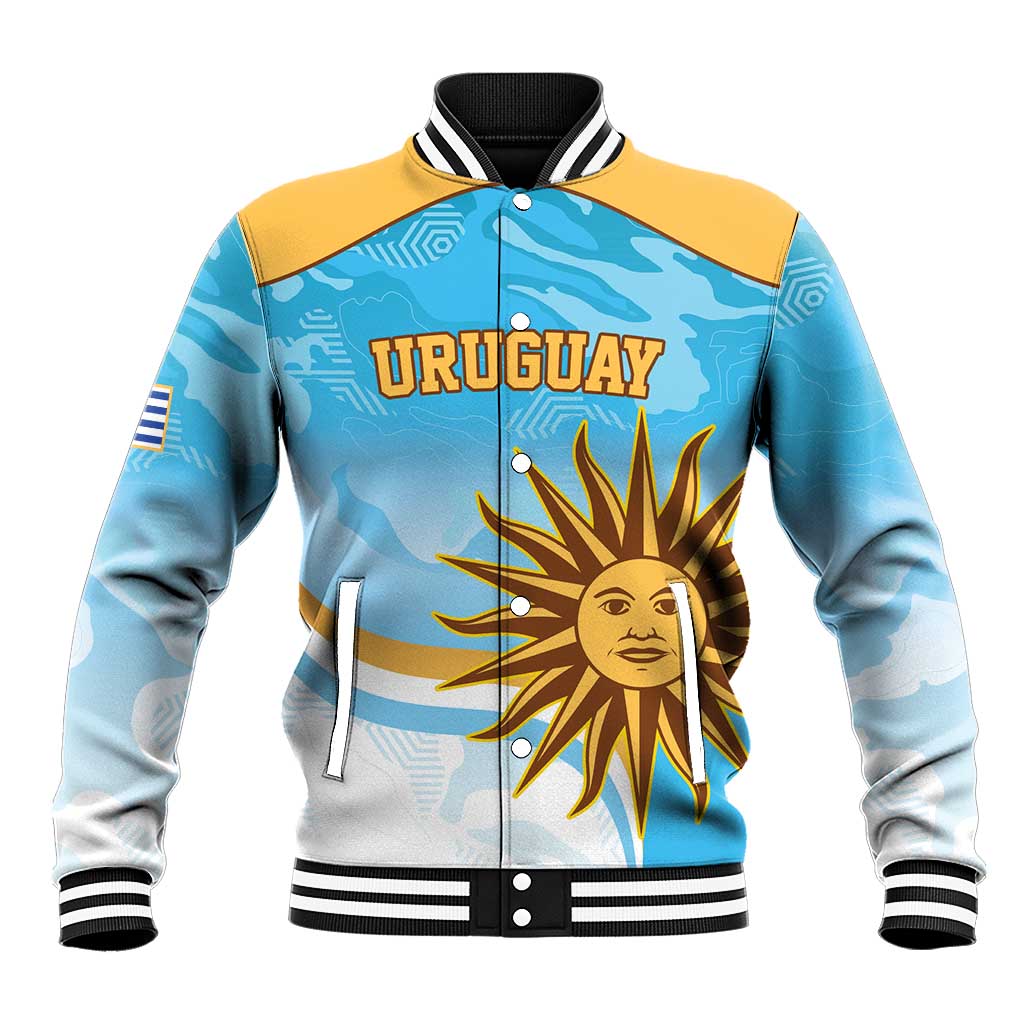 Unisex light blue baseball jacket with yellow shoulders, Uruguay text, sun emblem, striped rib trim