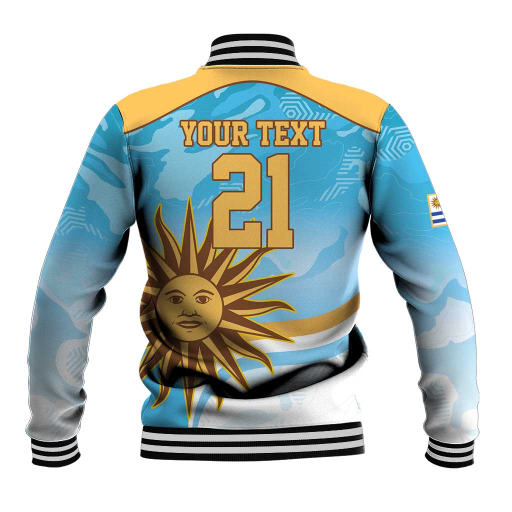 Unisex light blue baseball jacket back with YOUR TEXT 21, sun emblem, striped rib trim