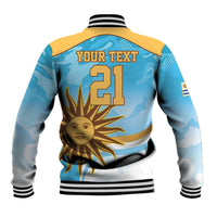 Unisex light blue baseball jacket back with YOUR TEXT 21, sun emblem, striped rib trim