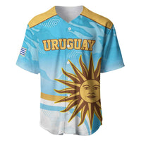 Men's blue rugby baseball jersey with Uruguay sun face graphic