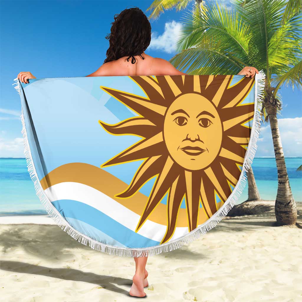 Blue round beach blanket with white fringe, raised sun face and "YOUR TEXT"