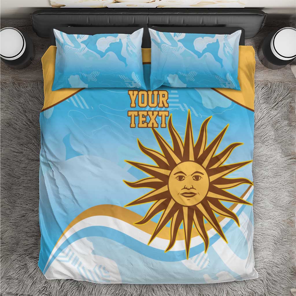 Blue duvet cover set with yellow sun logo, custom text, matching pillowcases