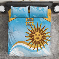 Blue duvet cover set with yellow sun logo, custom text, matching pillowcases