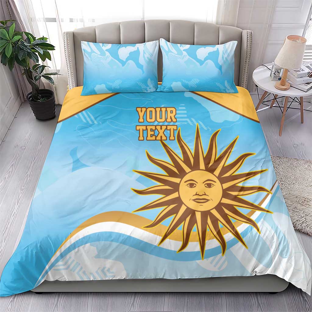 Blue duvet cover set featuring yellow sun logo with custom text, matching pillowcases