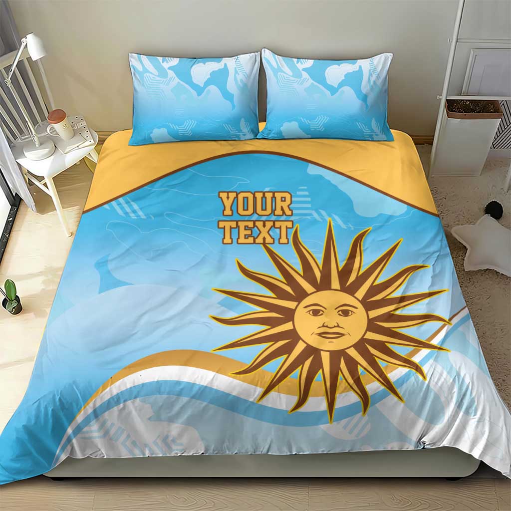 Blue duvet cover set with large yellow sun emblem and custom text, two pillowcases