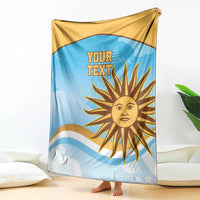 Blue and gold rugby blanket with 'YOUR TEXT' sun graphic, corner pulled taut
