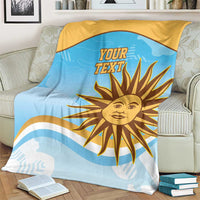 Blue and gold rugby blanket with 'YOUR TEXT' sun emblem and curved stripes