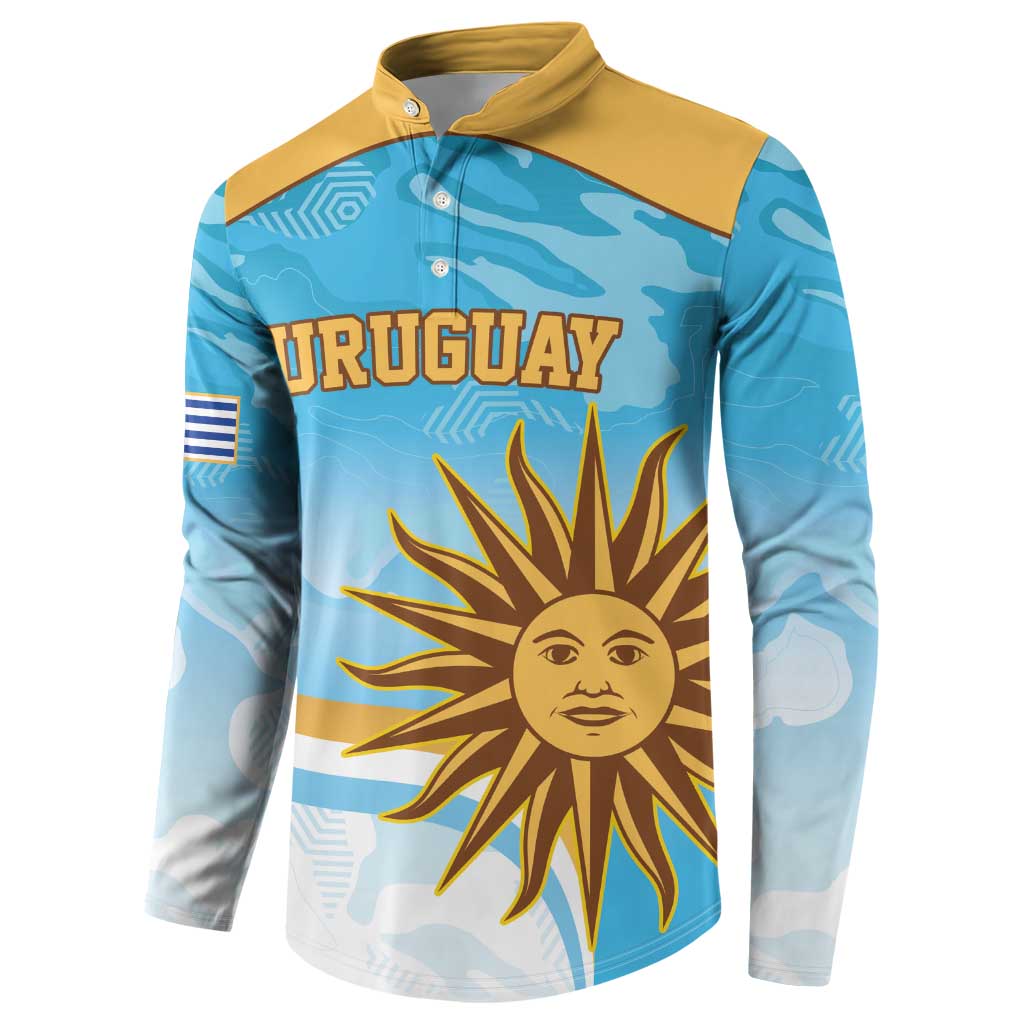Blue long-sleeve rugby button sweatshirt with yellow collar; front “URUGUAY” sun emblem