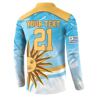 Blue long-sleeve rugby button sweatshirt with yellow collar; back “YOUR TEXT 21” sun graphic