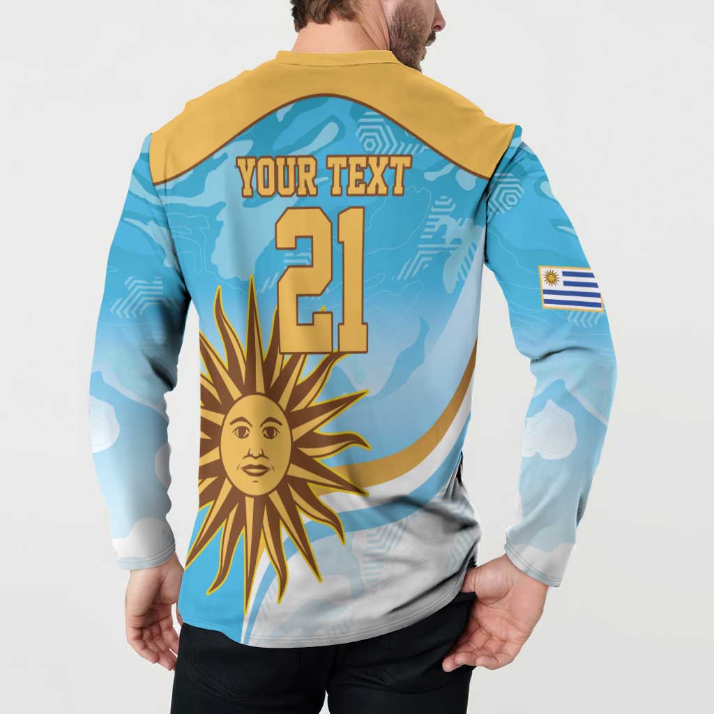 Blue long-sleeve rugby button sweatshirt with yellow collar; back print “YOUR TEXT 21”