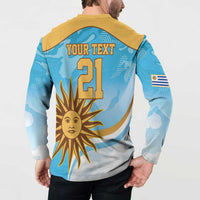 Blue long-sleeve rugby button sweatshirt with yellow collar; back print “YOUR TEXT 21”