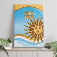 Framed canvas wall art with custom text and golden sun face on blue waves