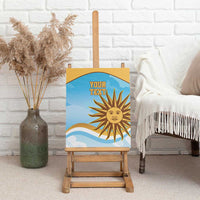 Framed canvas wall art with custom text and golden sun face illustration on blue background