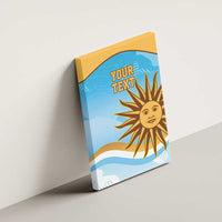 Framed canvas wall art with custom text and golden sun face, shown in side view
