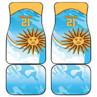 Set of 4 blue car floor mats with orange sun 21, “YOUR TEXT”, and patterned edges