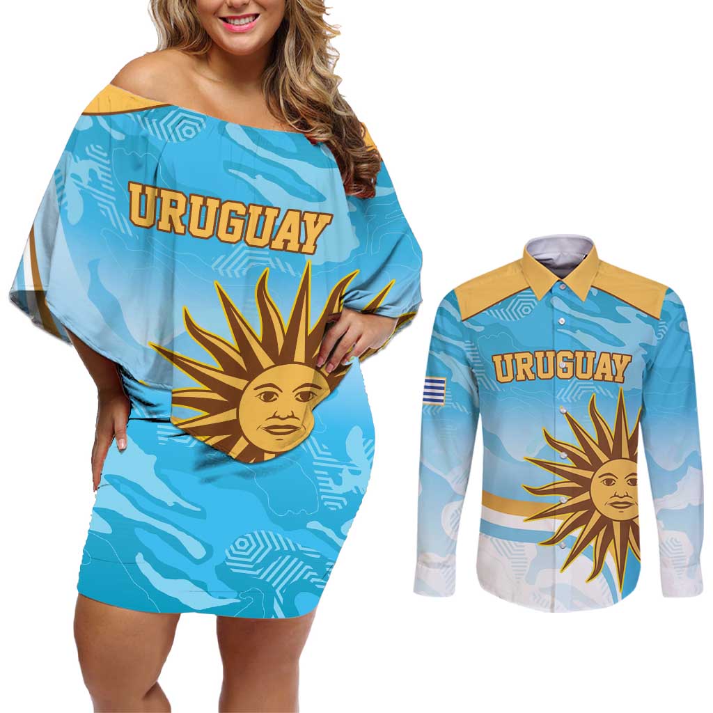 Custom Uruguay Rugby Couples Matching Off Shoulder Short Dress and Long Sleeve Button Shirt Go Teros Summer Paris 2024 LT9 - Wonder Print Shop