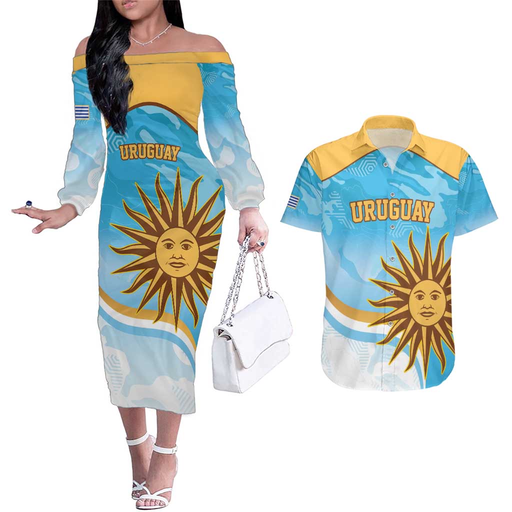 Custom Uruguay Rugby Couples Matching Off The Shoulder Long Sleeve Dress and Hawaiian Shirt Go Teros Summer Paris 2024 LT9 - Wonder Print Shop