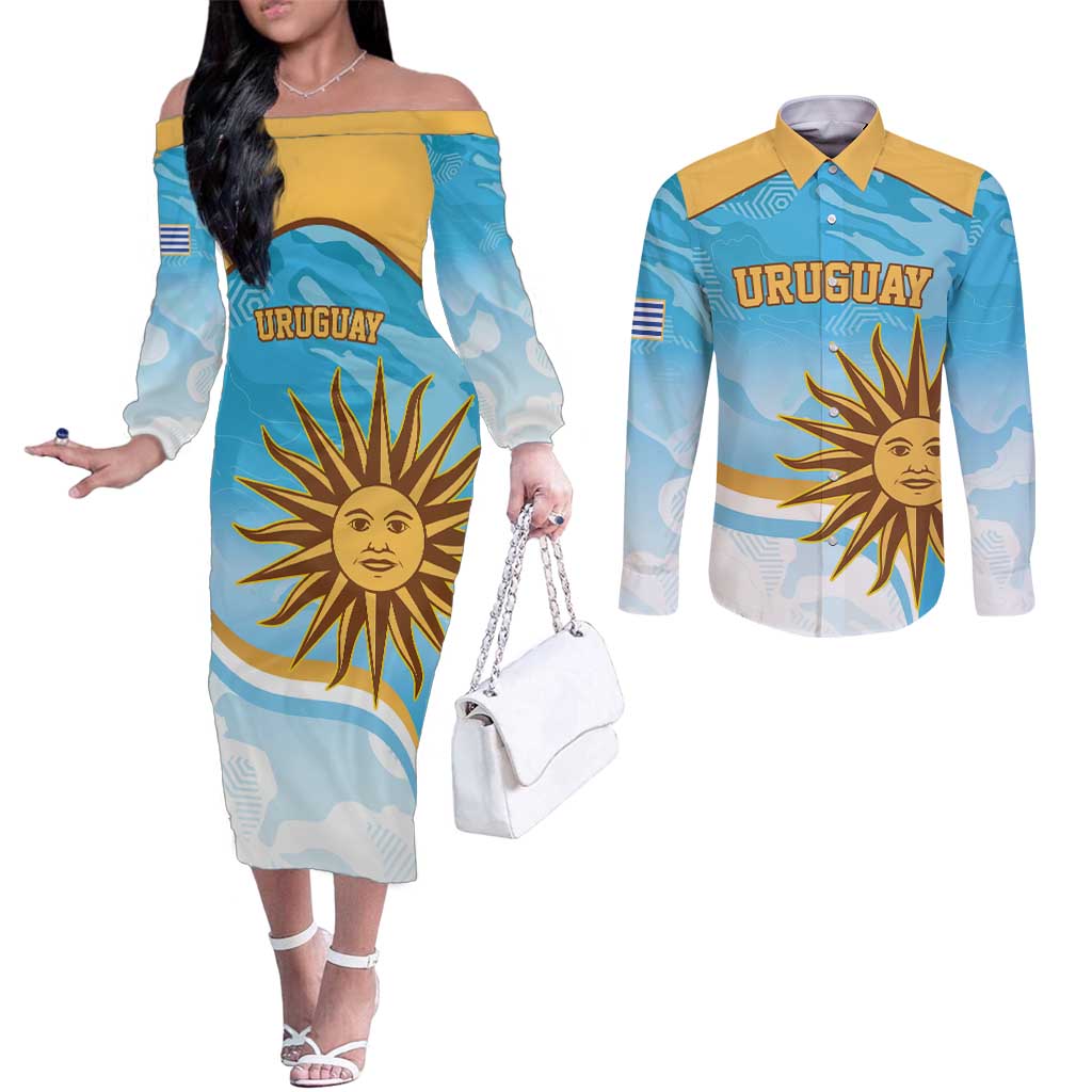 Custom Uruguay Rugby Couples Matching Off The Shoulder Long Sleeve Dress and Long Sleeve Button Shirt Go Teros Summer Paris 2024