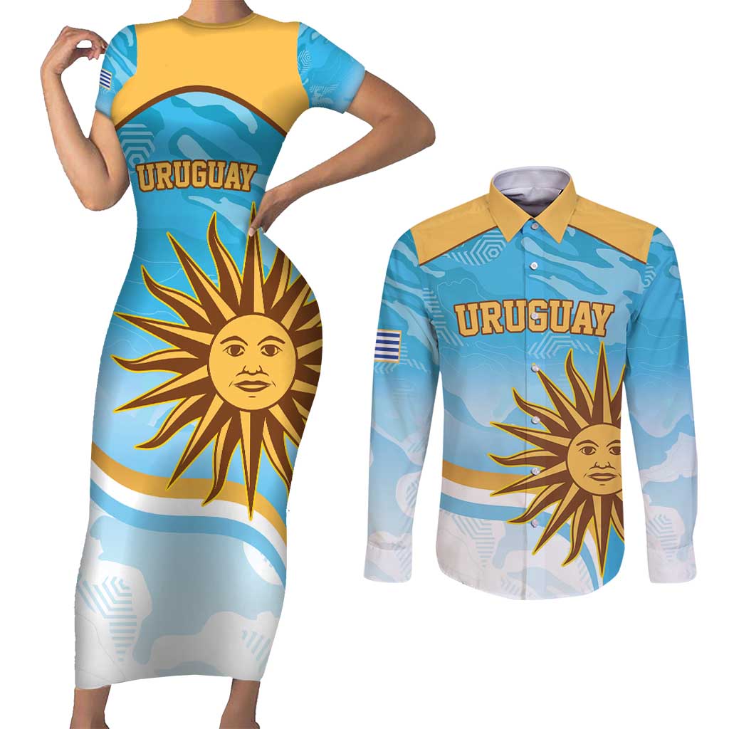 Custom Uruguay Rugby Couples Matching Short Sleeve Bodycon Dress and Long Sleeve Button Shirt Go Teros Summer Paris 2024 LT9 - Wonder Print Shop