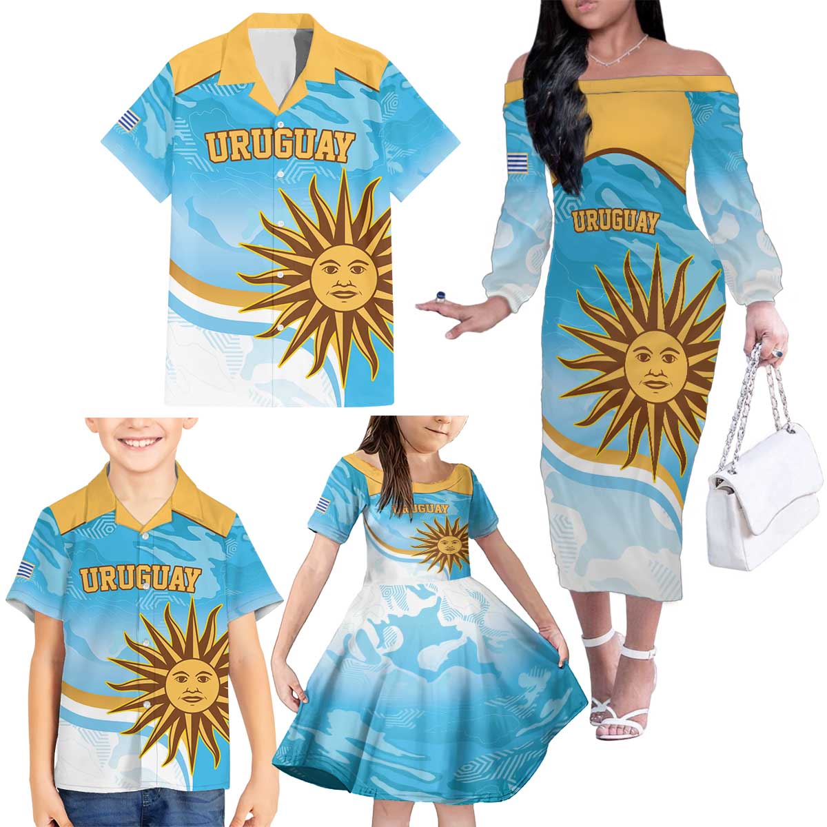 Custom Uruguay Rugby Family Matching Off The Shoulder Long Sleeve Dress and Hawaiian Shirt Go Teros Summer Paris 2024 - Wonder Print Shop