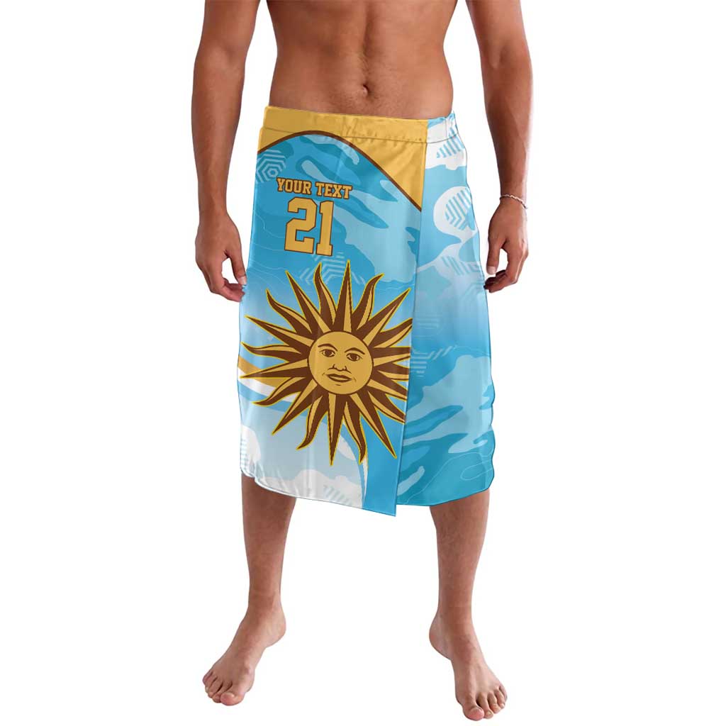 Blue sports shorts with yellow waistband, sun graphic and number print
