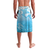 Blue patterned sports shorts with yellow trim and geometric print, back view