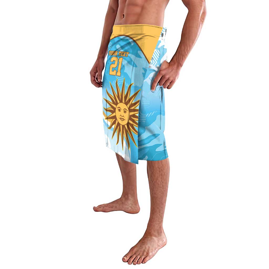 Blue sports shorts with yellow waistband, sun graphic and side number print