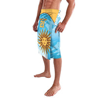 Blue sports shorts with yellow waistband, sun graphic and side number print
