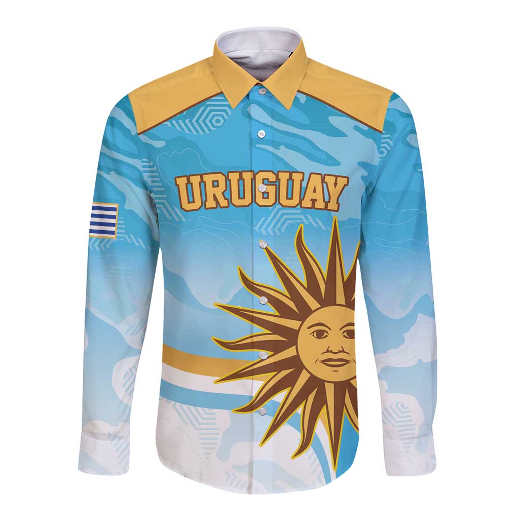 Blue long-sleeve button rugby shirt with yellow accents and sun face graphic