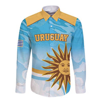 Blue long-sleeve button rugby shirt with yellow accents and sun face graphic
