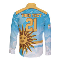Blue long-sleeve button rugby shirt, back with 21 number and sun face graphic