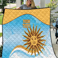 Blue and yellow quilt with diamond stitching and sun graphic, with space for your text