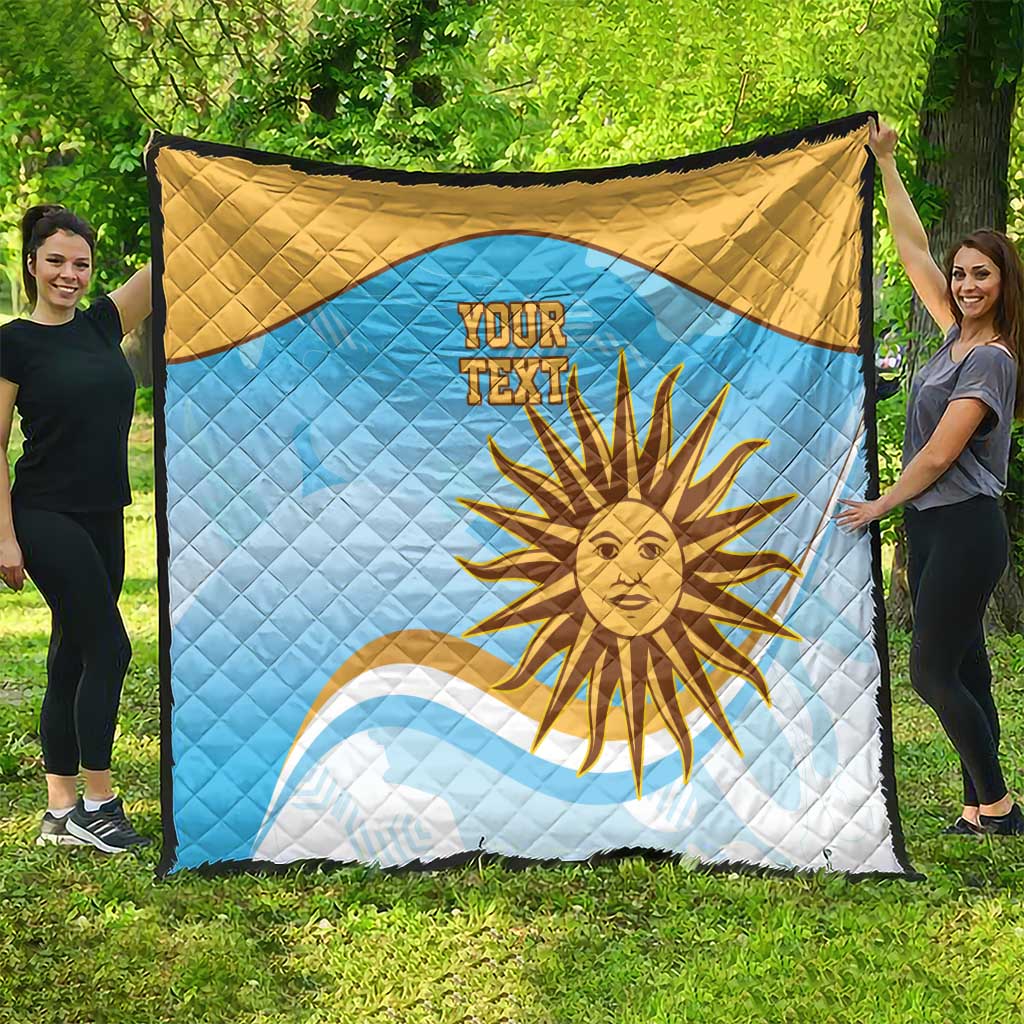 Blue and yellow quilt blanket with bold sun design and diamond pattern, your text centered