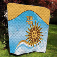 Blue and yellow quilt with quilted diamond texture and sun face graphic, your text area