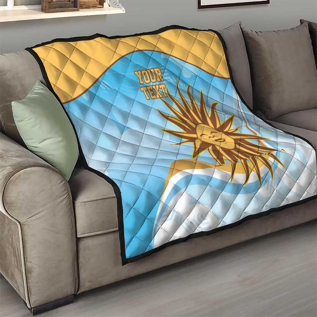Blue quilt with yellow border and sun design on gray sofa, diamond quilting, your text