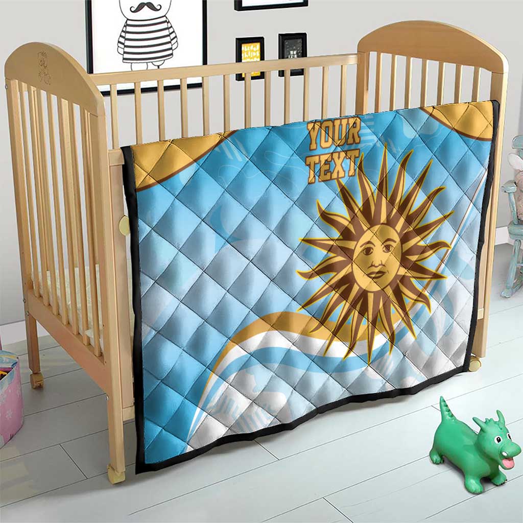 Blue and yellow baby quilt with sun artwork and diamond stitching, your text on top
