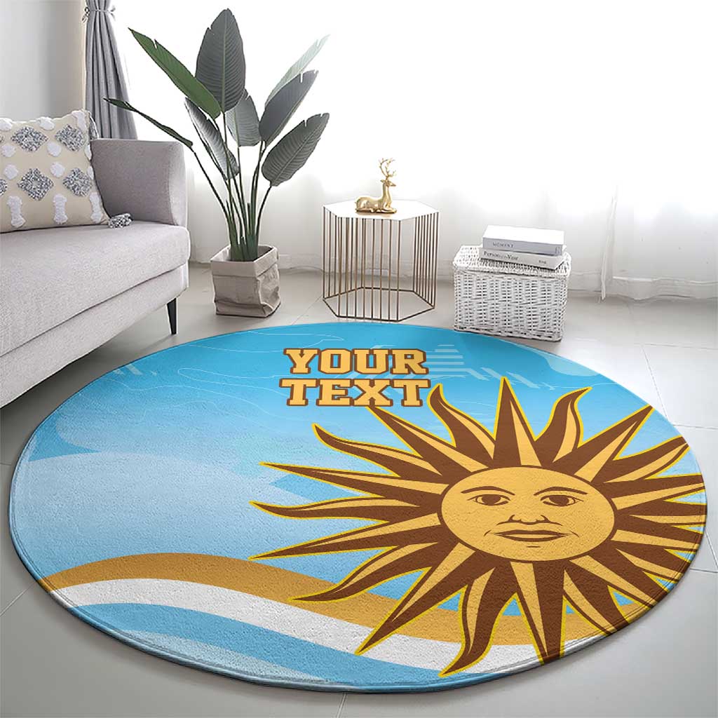 Round blue rug featuring cartoon sun face and "YOUR TEXT" text print