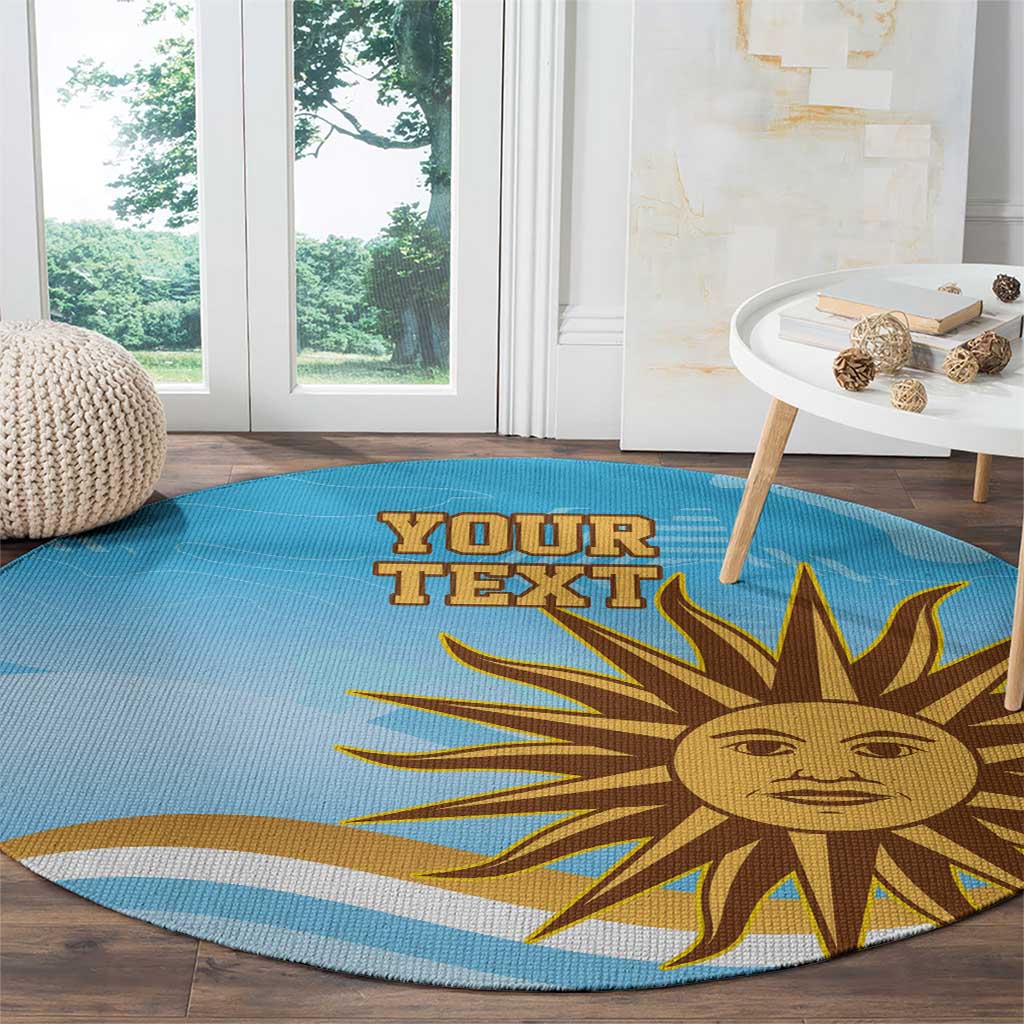 Blue round rug with cartoon sun face and "YOUR TEXT" banner print