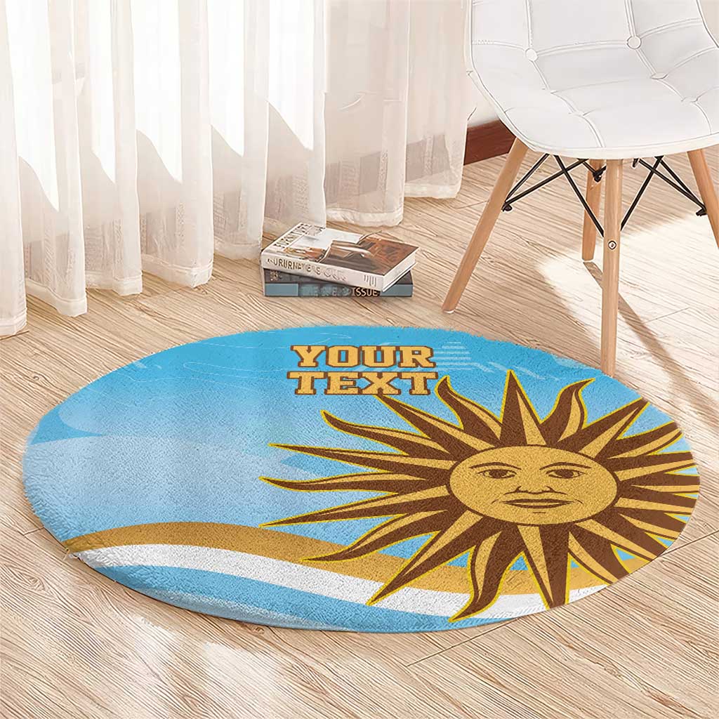 Blue round rug with cartoon sun face and "YOUR TEXT" print on hardwood
