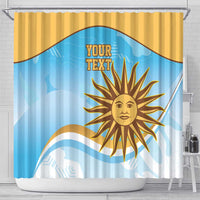 Blue shower curtain with gold sun face graphic, wavy accents, and centered placeholder text