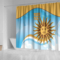 Sky-blue shower curtain featuring gold sun face artwork and curved border with placeholder text