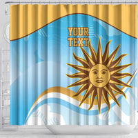 Blue and gold shower curtain with large sun face graphic and top placeholder text in red