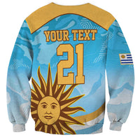 Blue Uruguay rugby sweatshirt with golden sleeves, 'YOUR TEXT 21' back print and flag patch