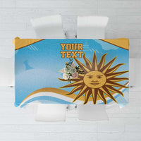 Blue tablecloth with gold sun graphic and a 'YOUR TEXT' customization panel
