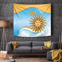 Hanging wall tapestry with Uruguay rugby style sun emblem and “YOUR TEXT” title