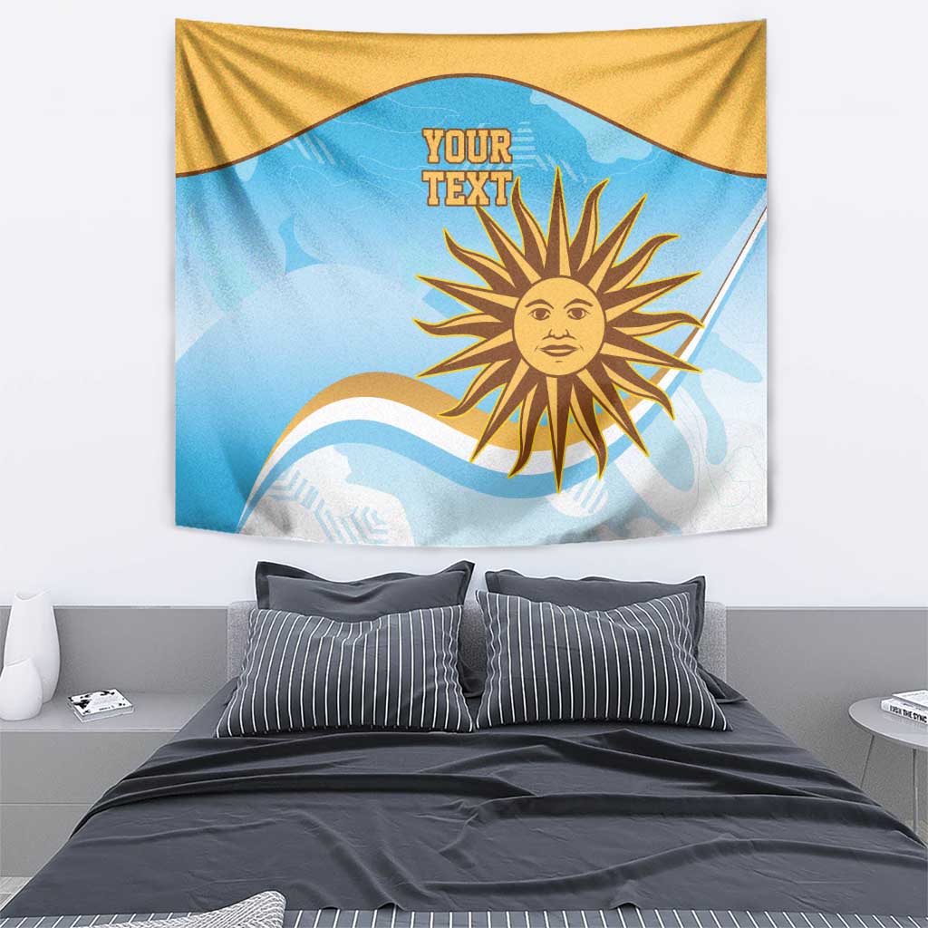 Square wall tapestry featuring blue waves, gold sun face emblem, and “YOUR TEXT”