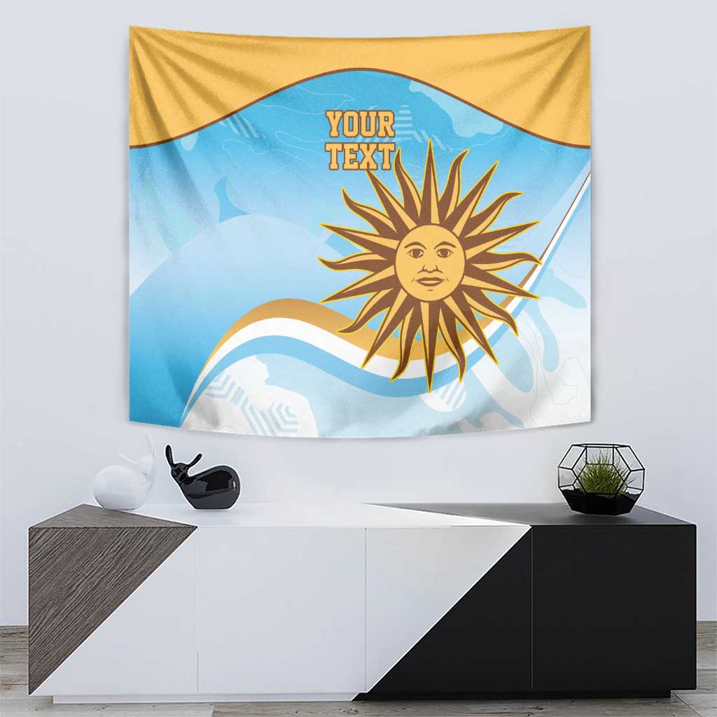Wall tapestry with gold top border, blue background, sun symbol, and “YOUR TEXT”