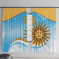 Window curtain panel in blue with gold sun emblem and two-tone top valance