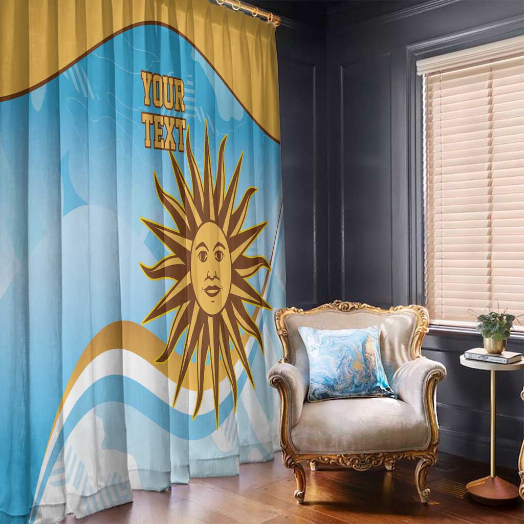 Pair of window curtain panels in blue and gold with Uruguay sun emblem