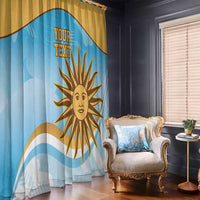 Pair of window curtain panels in blue and gold with Uruguay sun emblem